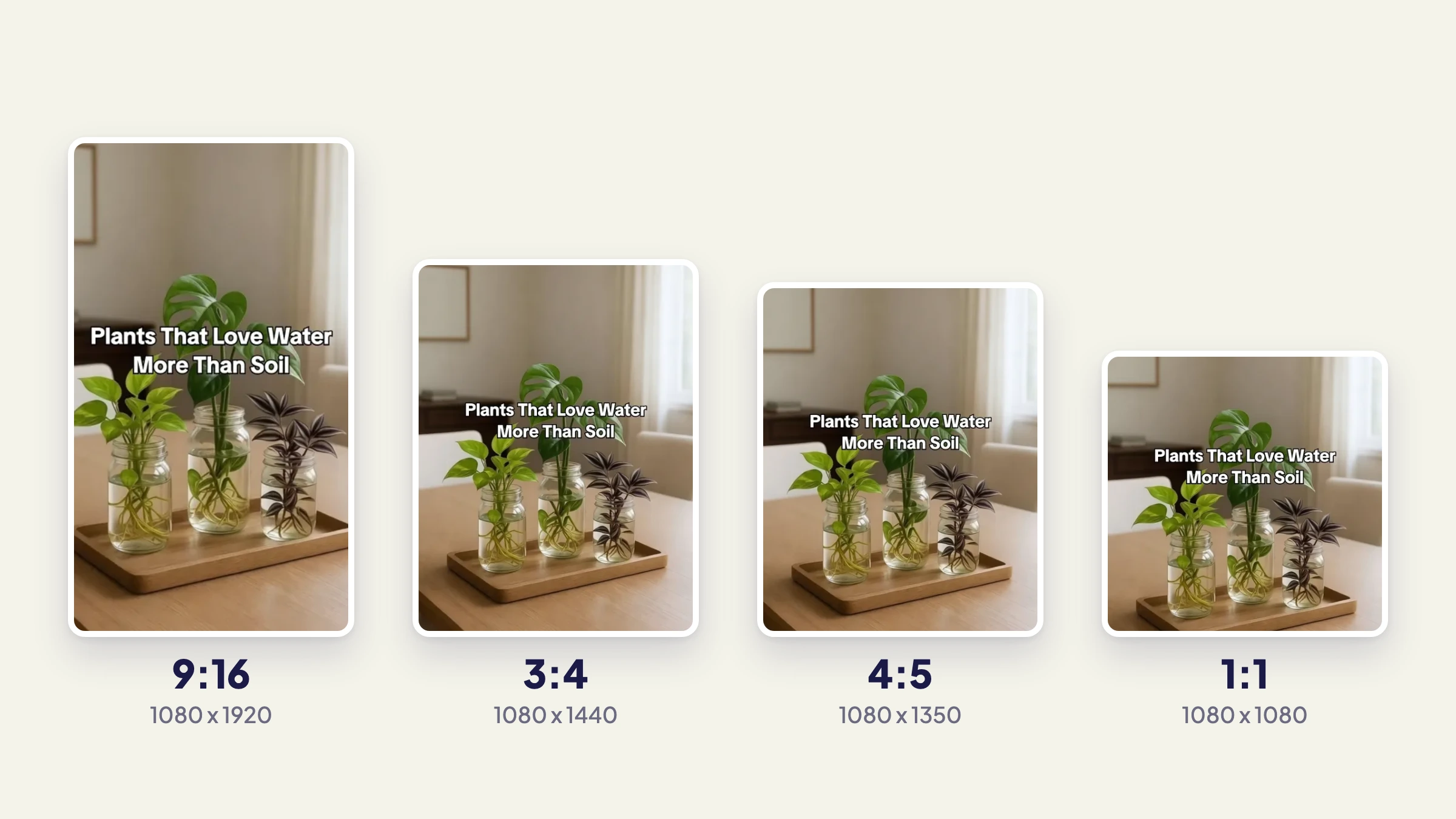 One slideshow slide about water plants cut to four shapes side by side: 9:16 at 1080 x 1920, 3:4 at 1080 x 1440, 4:5 at 1080 x 1350 and 1:1 at 1080 x 1080.