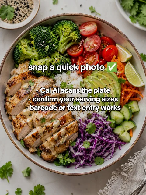 Slide 4 of 4: snap a quick photo ✅ - Cal AI scans the plate - confirm your serving sizes - barcode or text entry works